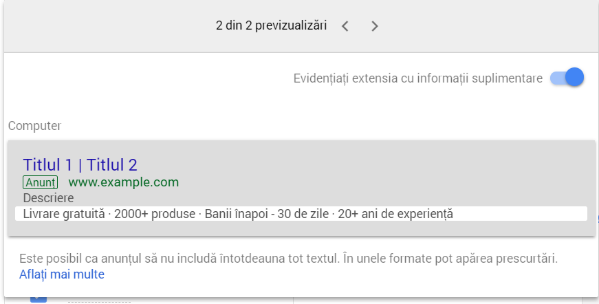 Google Adwords - Callout extensions - informatii suplimentare