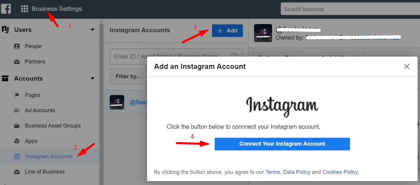 Adaugare cont instagram in business manager