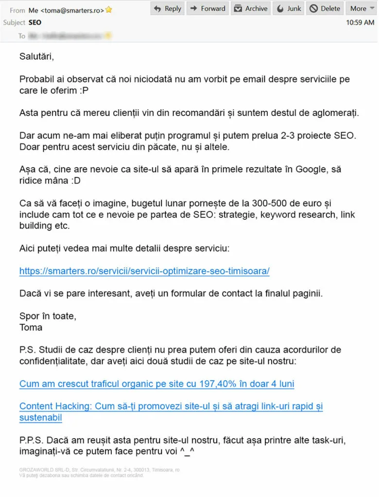 Exemplu copywriting email care a vandut 18000 euro