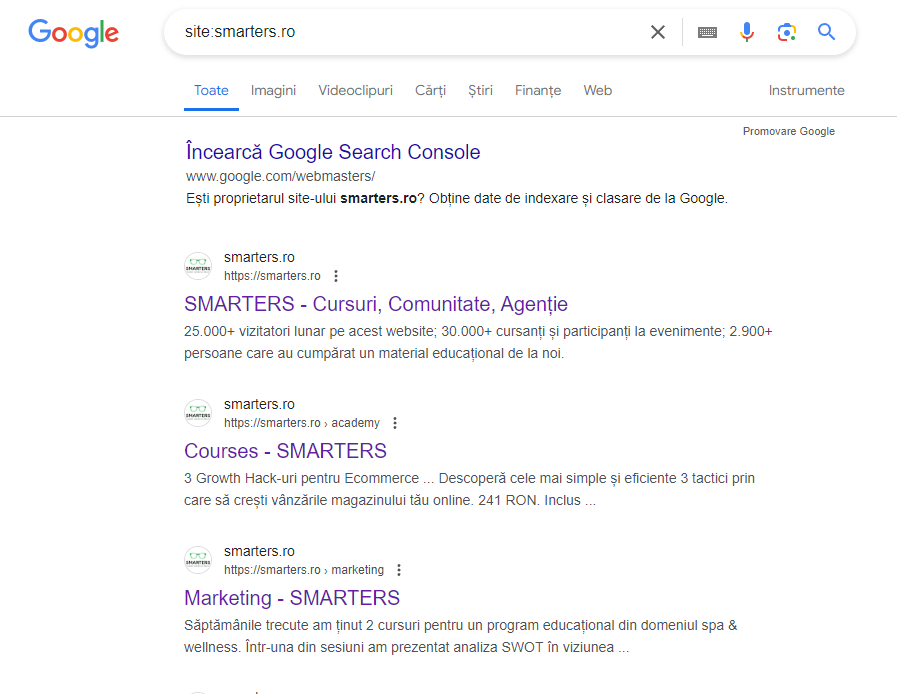 Cautare avansata Google pentru verificarea indexarii