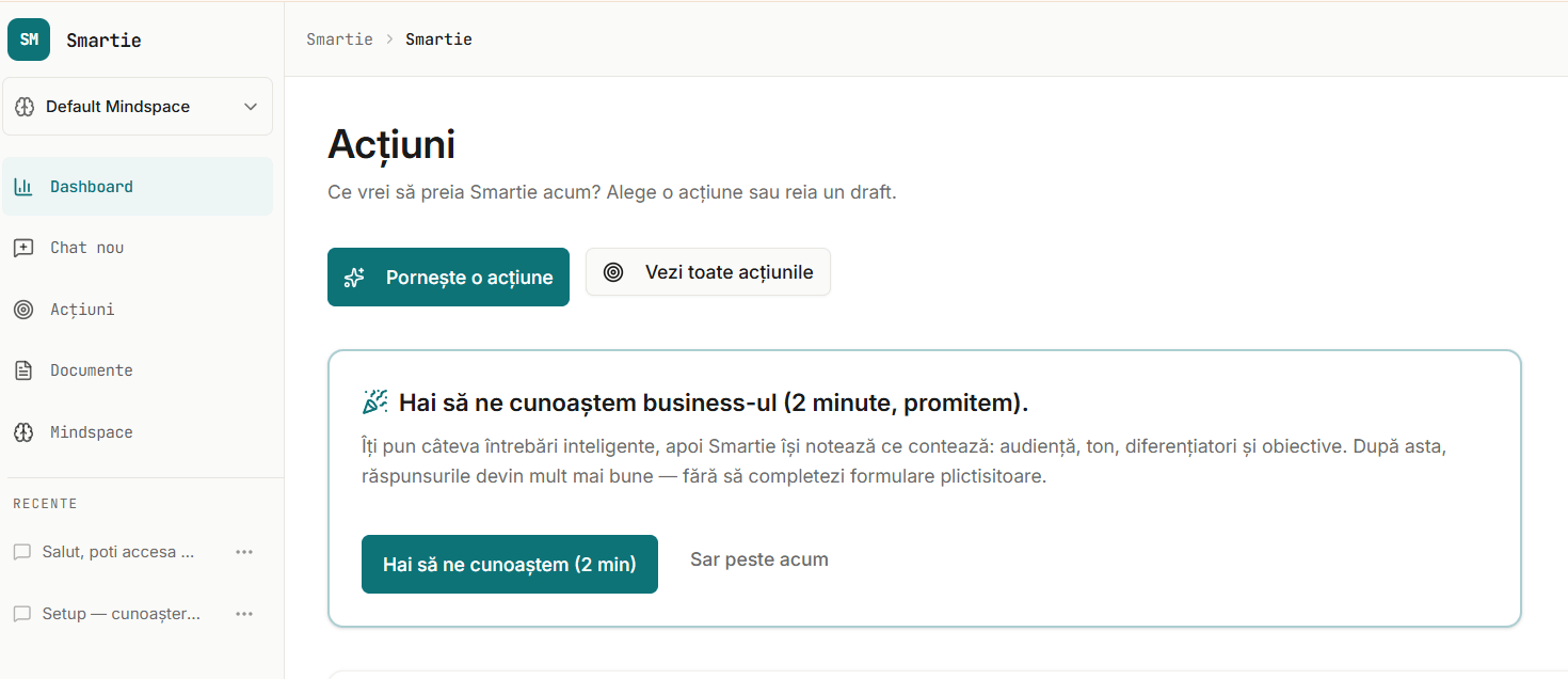 smartie hero dashboard tight Aplicația Smartie: panoul de Acțiuni și cartela de configurare a brandului