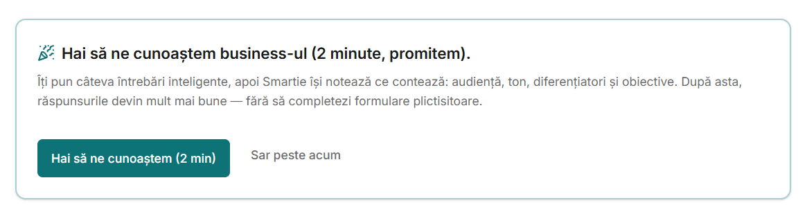 smartie onboarding card Smartie cere să cunoască business-ul tău în 2 minute